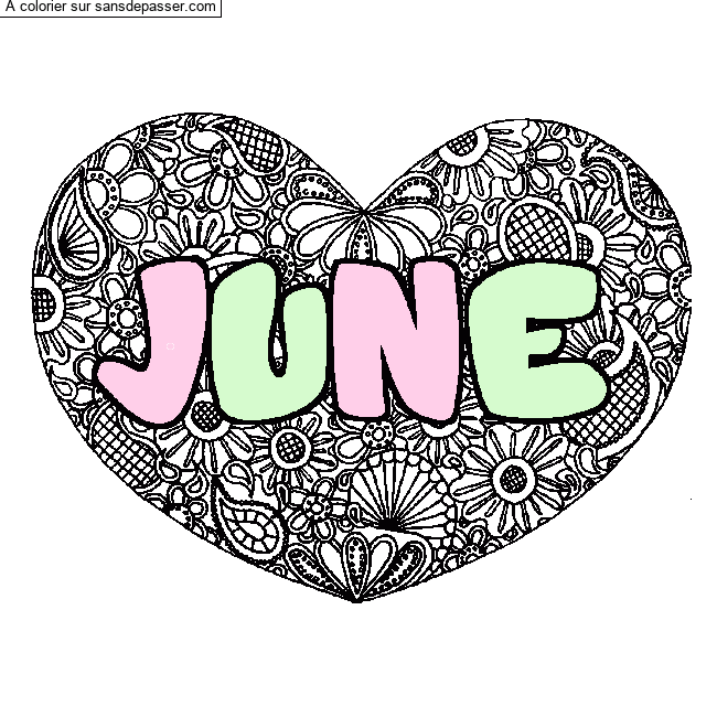 Coloriage Coloriage pr&eacute;nom JUNE - d&eacute;cor Mandala coeur par un invité