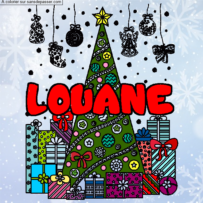 Coloriage Coloriage pr&eacute;nom LOUANE - d&eacute;cor Sapin et Cadeaux par un invité