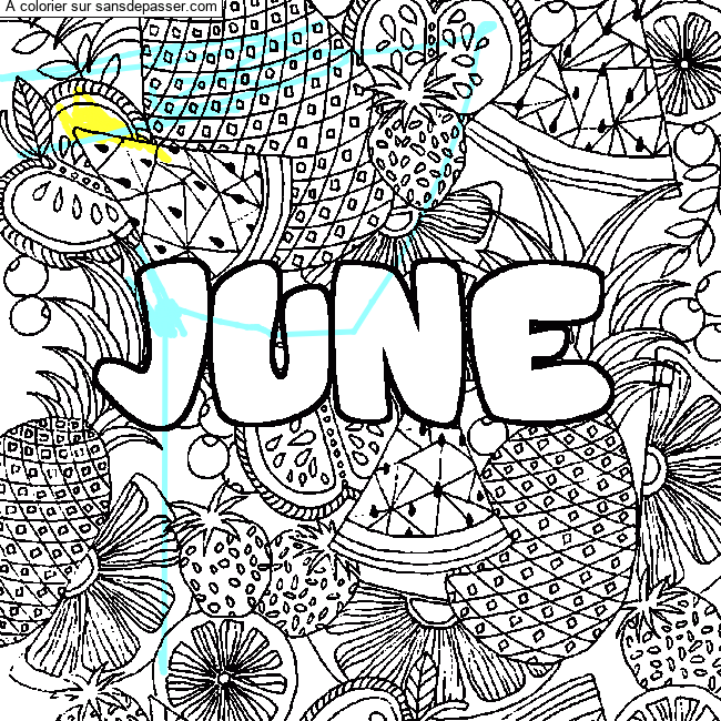 Coloriage Coloriage pr&eacute;nom JUNE - d&eacute;cor Mandala fruits par un invité