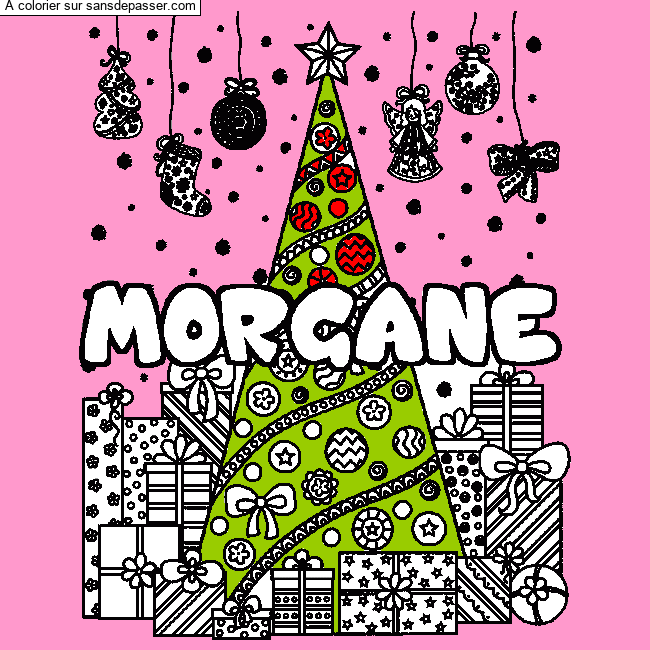 Coloriage prénom MORGANE - décor Sapin et Cadeaux par un invité