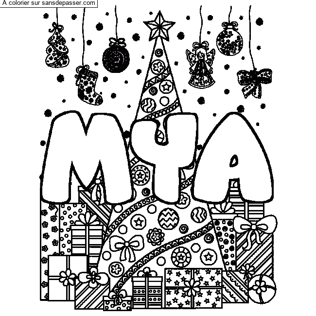 Coloriage Coloriage pr&eacute;nom MYA - d&eacute;cor Sapin et Cadeaux par un invité