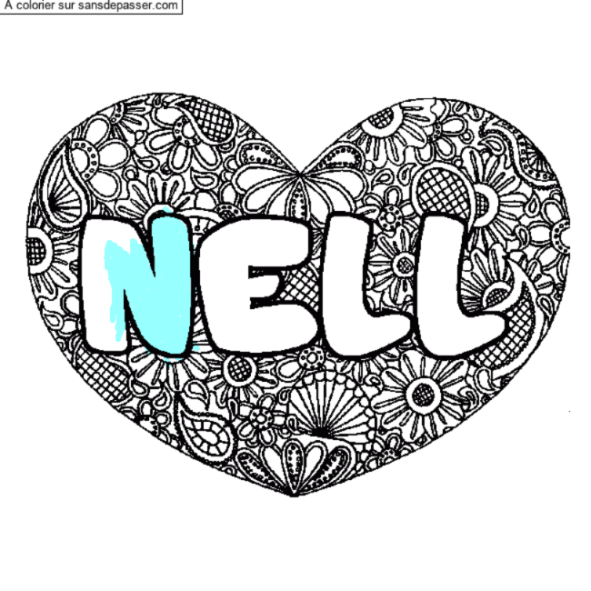 Coloriage Coloriage pr&eacute;nom NELL - d&eacute;cor Mandala coeur par IME EPIONE