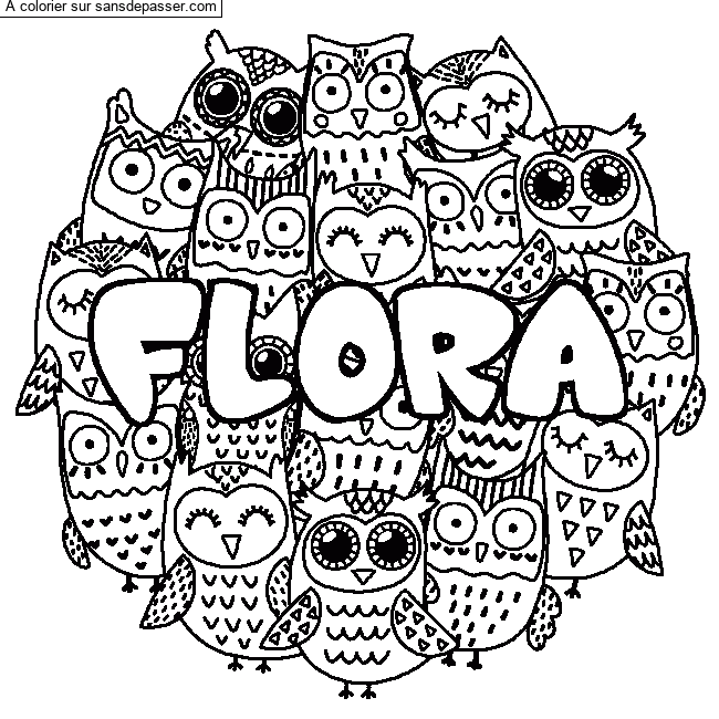 Coloriage prénom FLORA - décor Chouettes par un invité