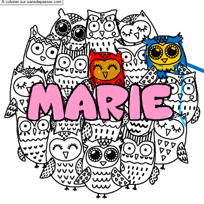 Coloriage Coloriage pr&eacute;nom MARIE - d&eacute;cor Chouettes par un invité