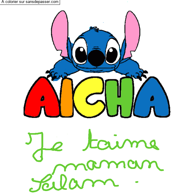 Coloriage prénom AICHA - décor Stitch par un invité