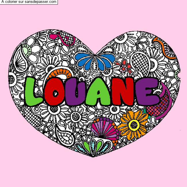 Coloriage prénom LOUANE - décor Mandala coeur par Lolita 