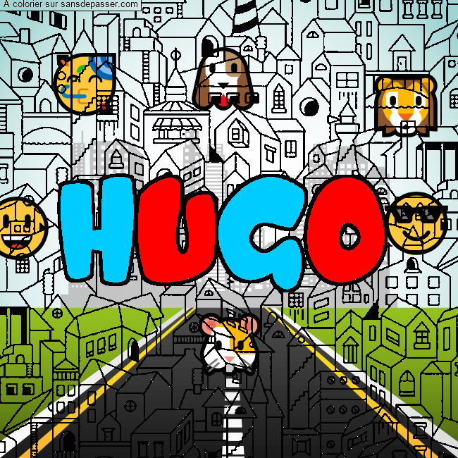 Coloriage prénom HUGO - décor Ville par un invité