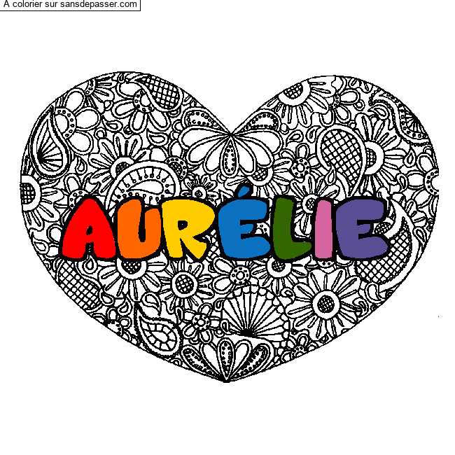 Coloriage prénom AURÉLIE - décor Mandala coeur par un invité