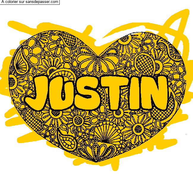 Coloriage prénom JUSTIN - décor Mandala coeur par un invité