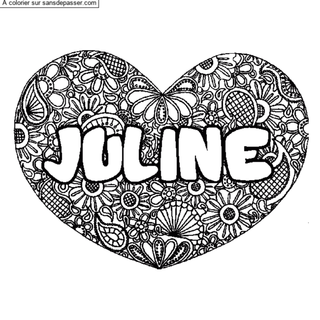 Coloriage prénom JULINE - décor Mandala coeur par lusie05