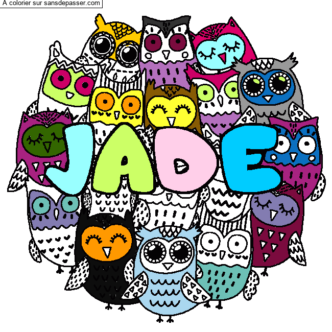 Coloriage Coloriage pr&eacute;nom JADE - d&eacute;cor Chouettes par un invité