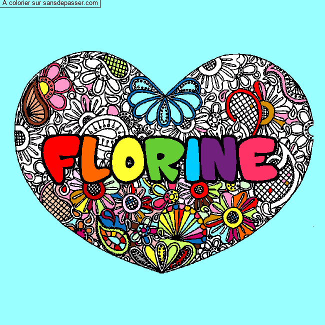 Coloriage prénom FLORINE - décor Mandala coeur par jeannette