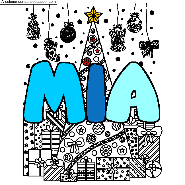 Coloriage prénom MIA - décor Sapin et Cadeaux par un invité