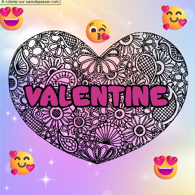 Coloriage prénom VALENTINE - décor Mandala coeur par un invité