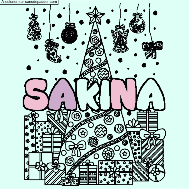 Coloriage Coloriage pr&eacute;nom SAKINA - d&eacute;cor Sapin et Cadeaux par un invité