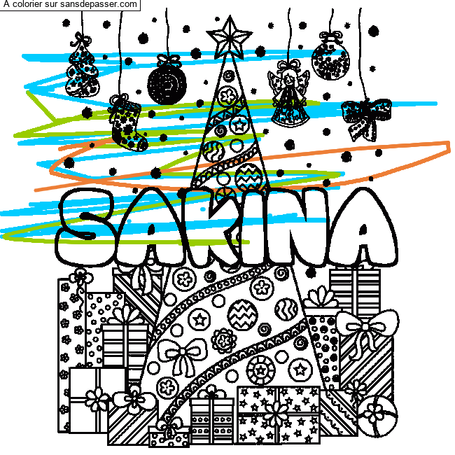 Coloriage Coloriage pr&eacute;nom SAKINA - d&eacute;cor Sapin et Cadeaux par un invité