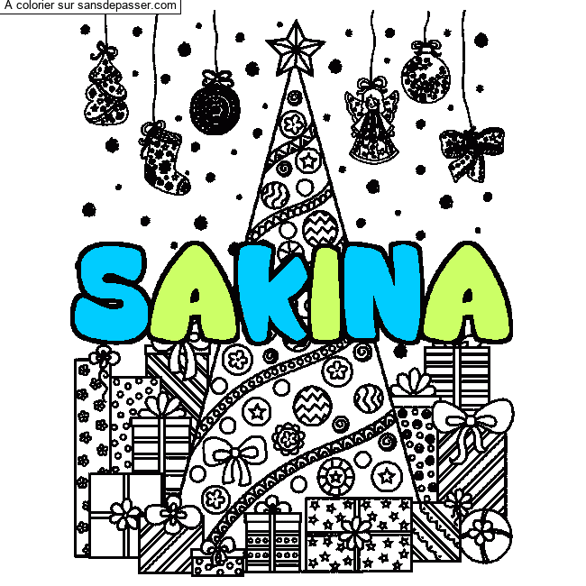 Coloriage prénom SAKINA - décor Sapin et Cadeaux par un invité