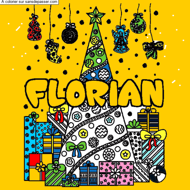 Coloriage Coloriage pr&eacute;nom FLORIAN - d&eacute;cor Sapin et Cadeaux par un invité