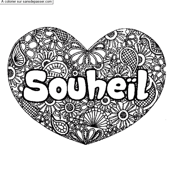 Coloriage Coloriage pr&eacute;nom Souhe&iuml;l - d&eacute;cor Mandala coeur par un invité